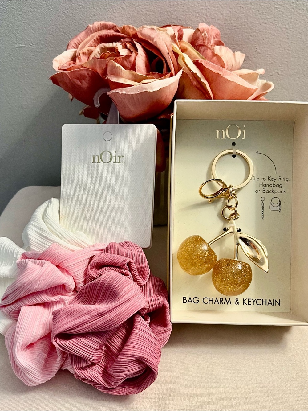 nOir Jewelry Gold Glitter Cherry Bag Charm/Keychain-nOir Pink & White Scrunchies - Picture 2 of 7
